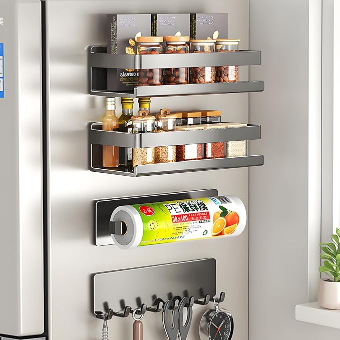 4 Pack Magnetic Shelf Include Magnetic Spice Rack for Refrigerator,Magnetic Paper Towel Holder,Magnetic Hooks,refrigerator side rack Space-saving design,Small Space Organization