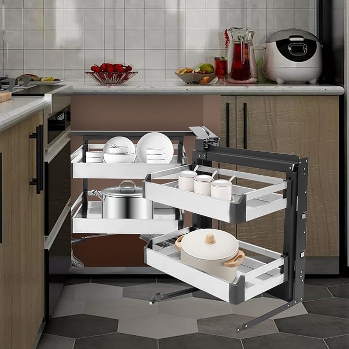 Steel 2-Tier Blind Corner Cabinet Pull-Out Organizer, 4 Detachable Baskets, Right Opening Swivel Shelf System, Damping Slide Rail for Base Kitchen Cabinet, Upgrade Dead Space