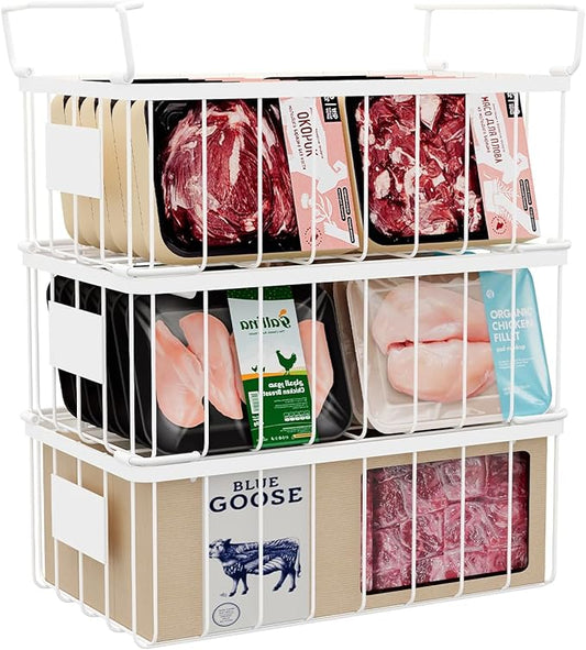 lonpute 3 Pack Stackable Wire Storage Baskets With Tag, Freezer Organizer Bins for Most 7 Cu.FT Freezer Sort Frozen Meats, Deep Freezer Organizer Bins with Handle Add Space Easy Reach, White