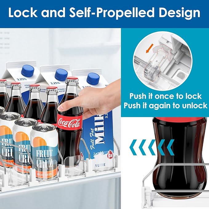 asika Drink Organizer for Fridge, Adjustable Width Soda Can Dispenser for Refrigerator Organizers and Storage, 5 Rows Beer Bottle Beverage Holder with Pusher Glide (16.54" L, White)