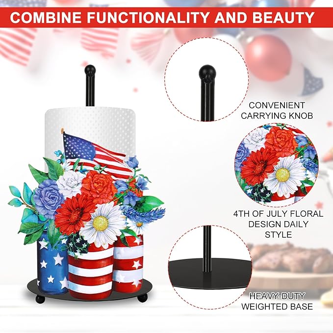 JarThenaAMCS Patriotic Paper Towel Holder American Flag Star Flower Kitchen Decor Accessories 4th of July Large Metal Towel Holder Stand for Independence Memorial Day Home Party Bathroom Countertop