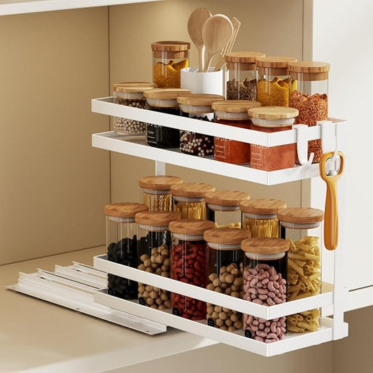 Pull Out Spice Rack Organizer for Cabinet, 1 Pack Metal Seasoning Organizer Slide Out Spice Storage Shelf No Assembly Vertical Spice Rack Pullout for Kitchen & Bahthroom No Drill(2 Tier,White)