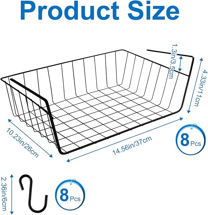 JIABEIUS 8 Pack Under Shelf Storage Basket, Hanging Under Cabinet Wire Rack with 8pcs Hooks, Slide-in Baskets Organizer for Kitchen Pantry Counter Desk Bookshelf (Black)