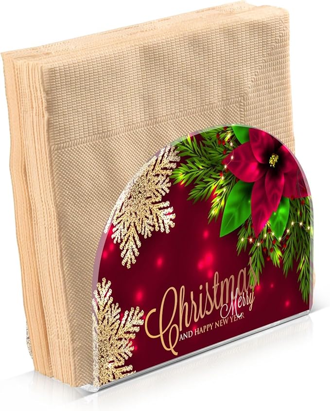 Christmas Poinsettia Flower Napkin Holder for Table Paper Napkins Holder Acrylic Tissue Dispenser Kitchen Dining Room Bathroom Party Car Decor