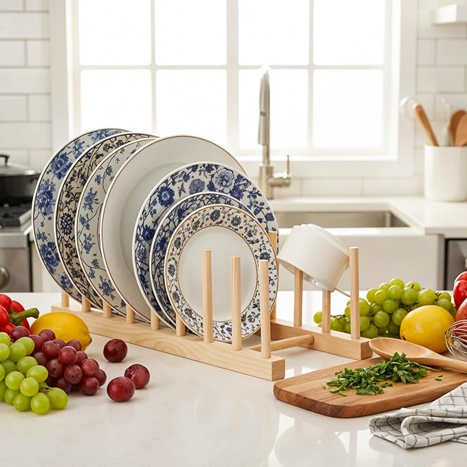 4PCS Wooden Dish Rack, Kitchen Cabinet Plate Lid Organizer Vertical Wooden Dish Drying Rack for Dish Pots Lids Cutting Boards Bowls Cups Canvas Prints Artwork Books(8 Slots)