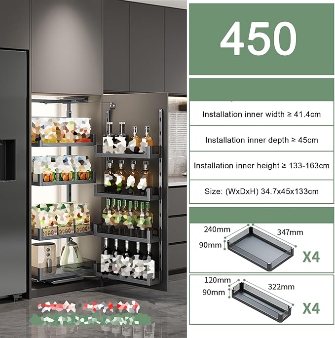 WIGING 4-Tier Narrow Cabinet Pull-Out Basket, High Cabinet Pull-Out Storage Rack with Adjustable Dividers for Kitchen Bathroom Pantry, Single-Layer Load Capacity: 15kg(34.7x45x133cm)