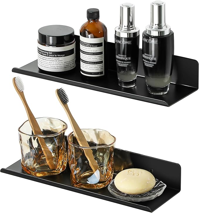 SAYAYO Black Floating Shelves for Wall Storage, 12 Inch Wall Shelves for Bedroom Decor, Display Bathroom Shelf Organizer for Kitchen, Living Room, Office, 2pcs