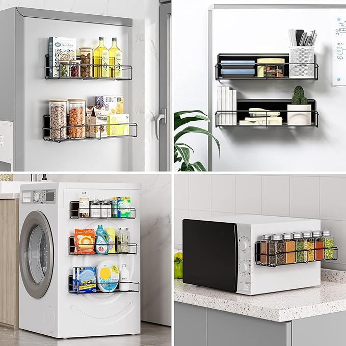 Mystozer 3 Pack Magnetic Spice Rack Organizer, Space Saver for Refrigerator and Whiteboard, Metal Fridge Shelf for Kitchen and Classroom, Black