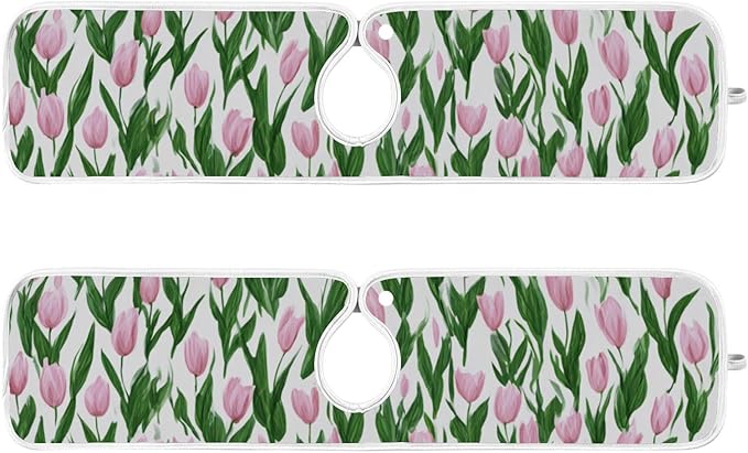 2 PCS Kitchen Sink Splash Guard 23.6 Inch Faucet Mat for Kitchen Sink Bathroom Sink Faucet Absorbing Drip Drain Mat Pad Microfiber Soft Washable Small Tulips Pink