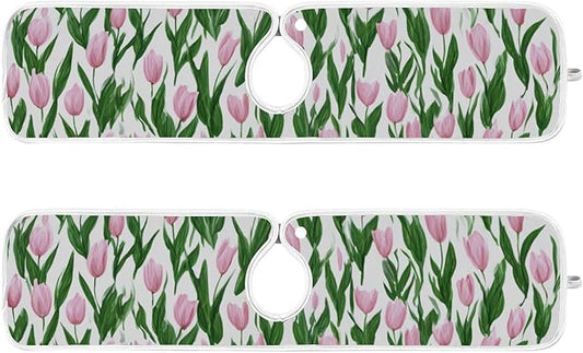 2 PCS Kitchen Sink Splash Guard 23.6 Inch Faucet Mat for Kitchen Sink Bathroom Sink Faucet Absorbing Drip Drain Mat Pad Microfiber Soft Washable Small Tulips Pink