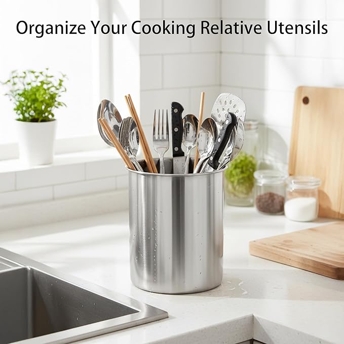 Stainless Steel Utensil Holder - Utensil Caddy, Weighted Base for Stability - Utensil Crock and Countertop Utensil Organizer, Stainless Steel Caddy