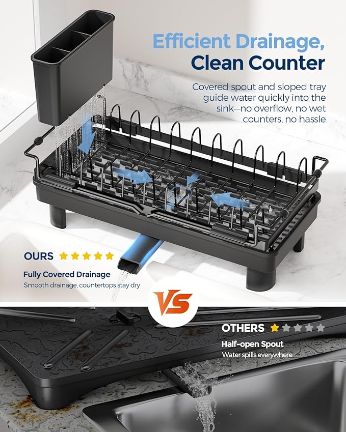 Nacial Small Dish Drying Rack with Utensil Holder, Expandable Dish Rack Over Sink with Auto-Drain Tray, Compact Dish Drainer for Kitchen Counter, Stainless Steel Dish Rack Fits 14''–21.8'' Sink, Black