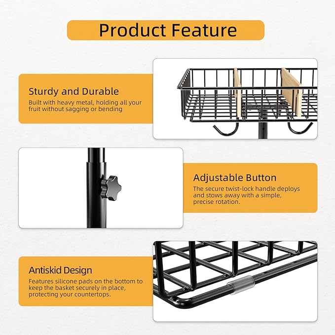 4-Level Adjustable Height Fruit Basket for Kitchen Countertop, 2-Tier Fruit Bowl with Removable Banana Hooks, Kitchen Organizer for Banana, Vegetable, and Snack Storage