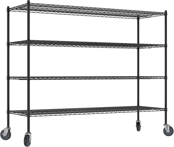 Commercial NSF Listed Black Epoxy Mobile Wire Shelving Kit 24" x 72" x 60", with 4 Shelves Perfect for Warehouse, Walk-in Refrigerator, Freezer, Grocery Store, Restaurant, Dishroom