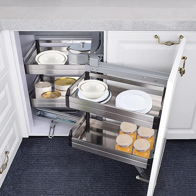 4-Shelf Corner Cabinet Pull Out Organizer, 2 Tier Slide Out Kitchen Cabinet Organizer Blind Corner Cabinet Storage Shelf Chrome for Right Handed Open Kitchen Cabinet