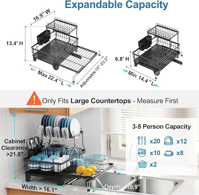 GSlife Large Dish Drying Rack 2 Tier, Expandable Kitchen Dish Drainer for Pots and Pans, 360° Swivel Spout, Rust-Resistant Metal Dish Rack with Utensil & Cup Holder, 16.9" W x 14.4"-22.4" L, Black