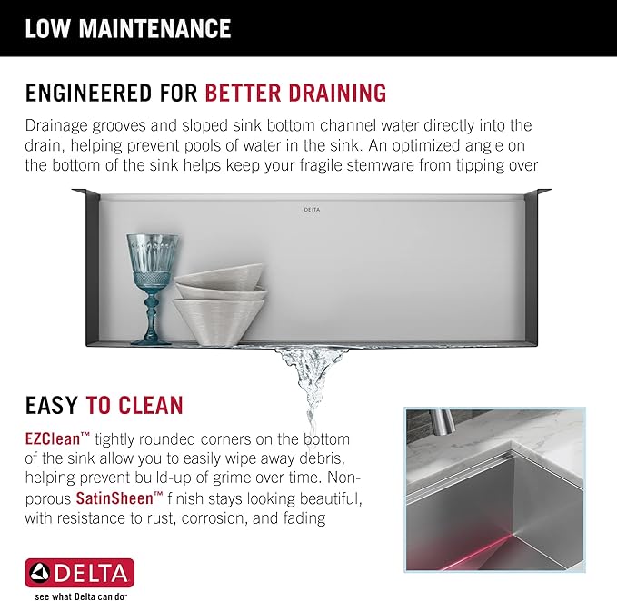 DELTA FAUCET Rivet 33-inch Workstation Farmhouse Apron Front Kitchen Sink Undermount 16 Gauge Stainless Steel Single Bowl with WorkFlow Ledge and Kit of 5 Accessories, 95C9031-33S-SS
