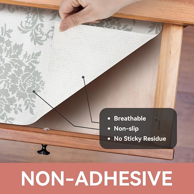 RAY STAR Shelf Liner, 12 Inch x 30 Feet Non Adhesive Vintage Sage Green Damask Floral Cabinet Liner for Pantry Drawer Vanity, Strong Grip Non Slip Waterproof, Shelf Liners for Kitchen Cabinets