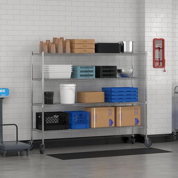Commercial NSF Listed Chrome Mobile Wire Shelving Kit 18" x 72" x 60", with 4 Shelves Perfect for Warehouse, Walk-in Refrigerator, Freezer, Grocery Store, Restaurant, Dishroom