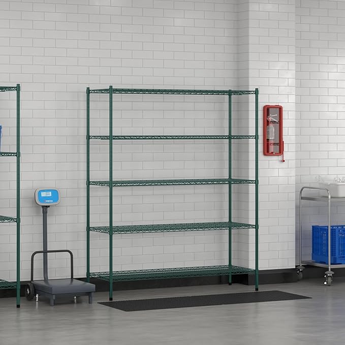Commercial NSF Listed Green Epoxy Stationary Wire Shelving Kit 21" x 60" x 74", with 5 Shelves Perfect for Warehouse, Walk-in Refrigerator, Freezer, Grocery Store, Restaurant, Dishroom