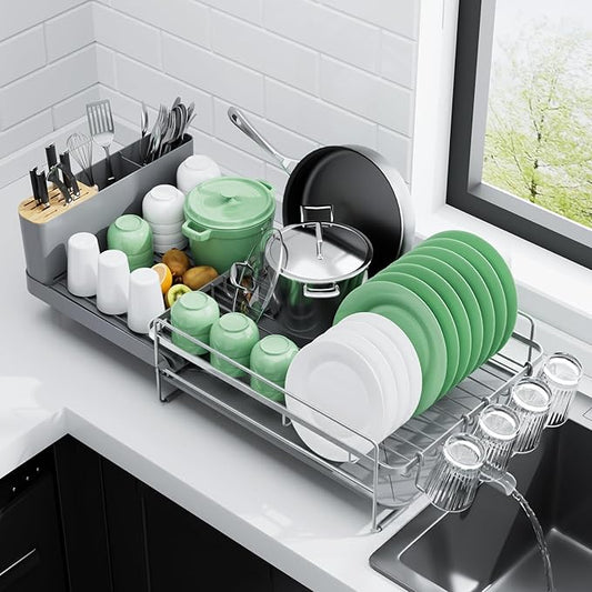 Kitsure Extendable Dish Drying Rack, Large Drying Dish Rack with Cutlery & Cup Holders, Multifunctional Dish Racks for Counter with Drainage, 18.2"-25.7" L x 12.9" W, Sliver