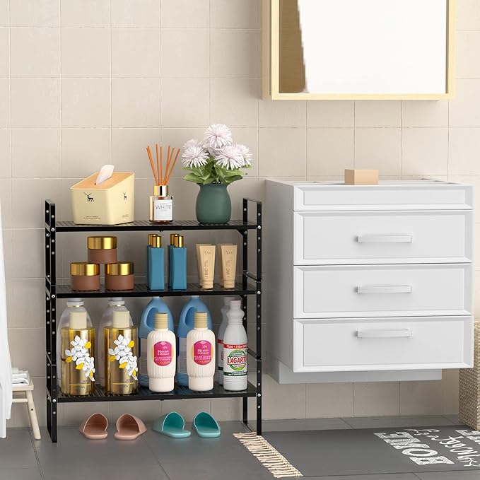Expandable Kitchen Cabinet Shelf Organizer 2 Pack, Stackable Metal Pantry Storage Shelves, Adjustable Counter Shelf Organizer Rack for Kitchen Cabinets, Cupboard, Countertop, Closet, Black