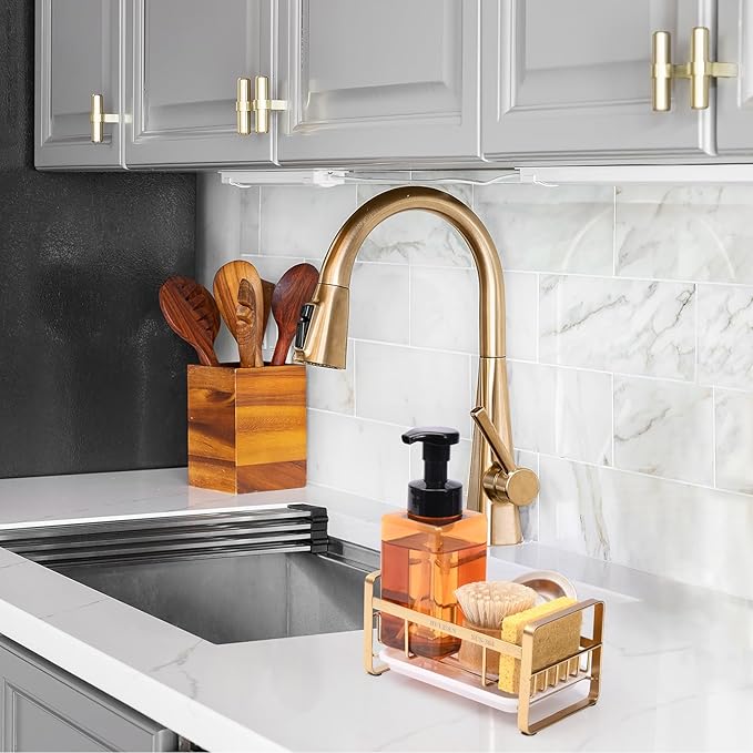 HULISEN Kitchen Sink Sponge Holder, 304 Stainless Steel Kitchen Soap Dispenser Organizer, Countertop Drainer with Removable Tray, not Including Dispenser and Brush, Gold