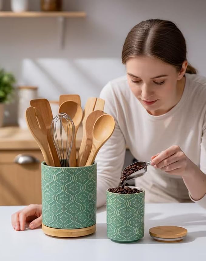 TEATALK Utensil Holder Set of 2, 7.7"+5.7" Ceramic Kitchen Utensil Holder for Countertop, Farmhouse Vintage Utensil Crock for Cooking Utensils, Large Utensil Organizer (Green)