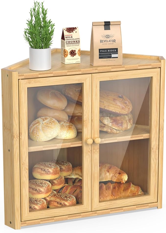 BAMBANG Corner Bread Box for Kitchen Countertop, Double Layer Bamboo Bread Storage Container with 2 Doors, Farmhouse Large Bread Bin Counter Top, Wooden Breadbox Holder for Homemade Bread, Natural