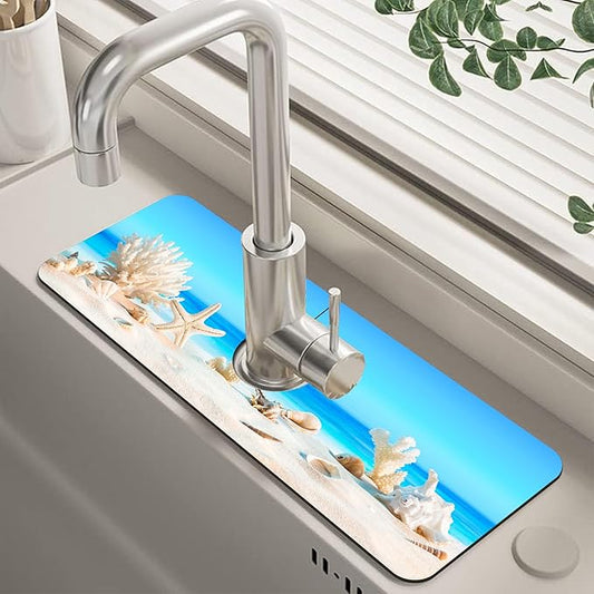 Tropical Beach Seashells Kitchen Sink Splash Guard Absorbent Fast Drying Mat Faucet Draining Mat Behind Faucet Drip Catcher for Kitchen Bathroom 5.5"15"