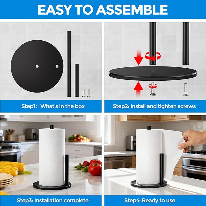 zaa Paper Towel Holder Countertop - Free Standing Paper Towel Holder for Kitchen Organization, Easy to Carry Paper Roll Dispenser, No Drill Installation, for Kitchen, Bathroom, Office, RV, Black