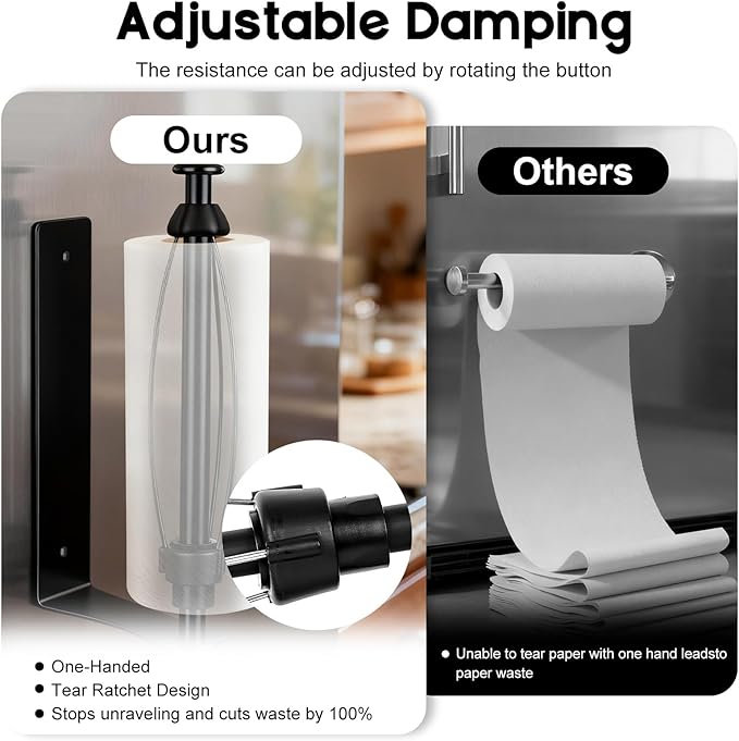 Magnetic Paper Towel Holder with Adjustable Damping, One Hand Tear, Smooth Tension Control, Strong Magnet & Self Adhesive Wall Mount, No Drilling for Kitchen, Fridge, RV, Garage, Grill (Black)