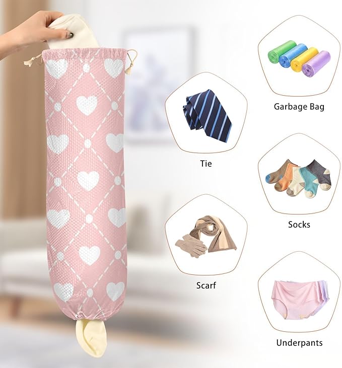 Plastic Bag Holder Wall Mount Grocery Bag Shopping Bag Storage Holder Organizer Dispenser with Adhesive Hook,for Kitchen Bathroom Home Decor 9x22inches Pink Heart