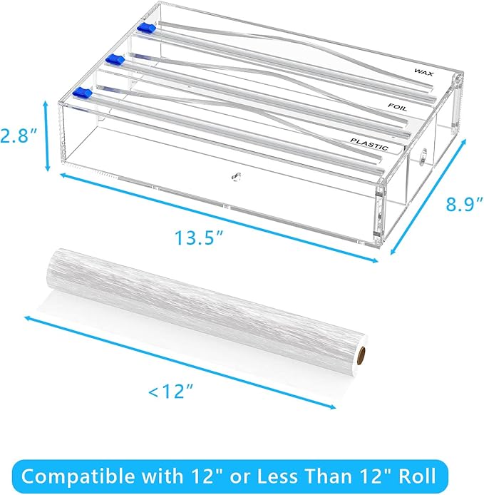 Tin Foil Organizer for Drawer with 12 Labels, Plastic Wrap Dispenser with Cutter, 3 in 1 Acrylic Aluminum Foil Holder, 2 Drawer Organizer for Kitchen Compatible with 12" Roll