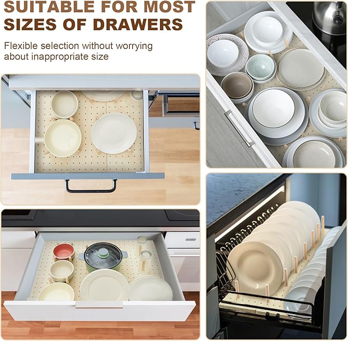 Kigley 6 Pcs Wood Pegboard Drawer Organizer with 48 Pegs Wood Peg Board System Peg Drawer Organizers for Kitchen Dishes Plate Pegboard Food Containers(17x5.91,Wood)