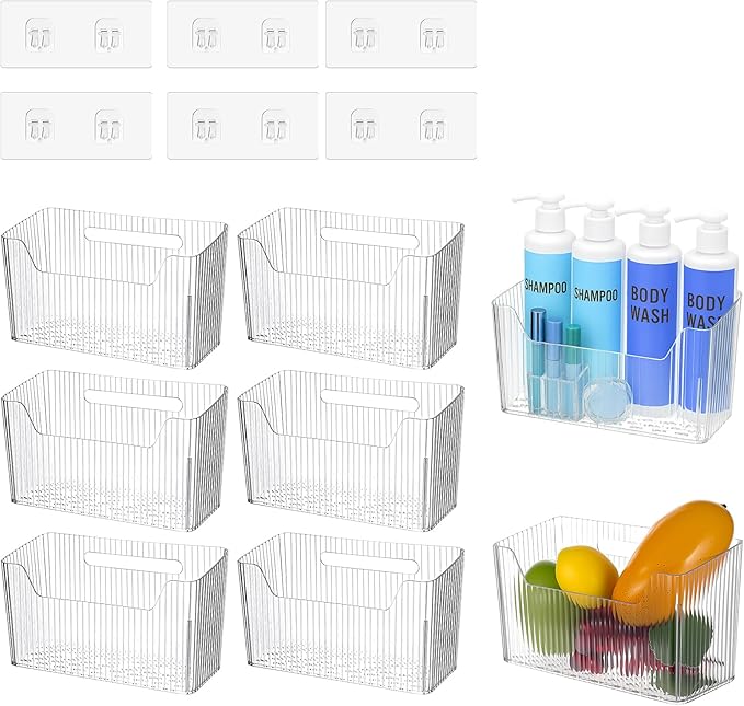 JIEYAO 6 PCS Adhesive Cabinet Door Organizers, Clear PET Storage Caddy with Hooks No Drill Wall Mount Wrap Holders Organizer for Kitchen Bathroom Office 7.7 x 3.3 x 4.6 inches