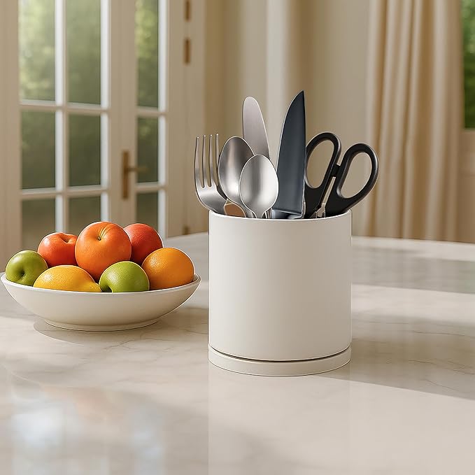 D'vine Dev 360° Rotating Utensil Holder – 5" Kitchen Utensil Crock for Countertop, Modern Cooking Tool Organizer for Kitchen Storage & Décor, Set of 2, Oatmeal, 72-Y-D-1