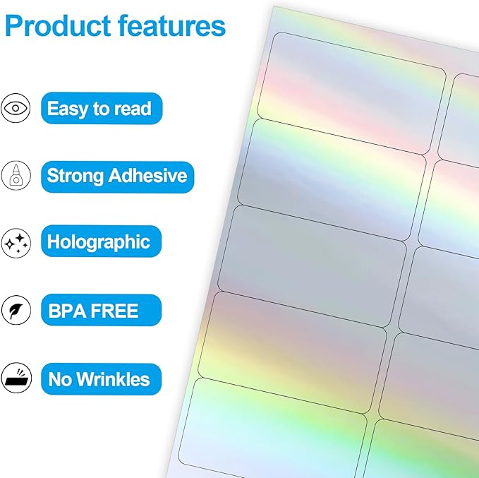 YEGAWEN Shipping Labels Stickers, 2"×4" Printable Holographic Mailing Labels for Laser/Inkjet Printing- Matte, Permanent Adhesive Sticker, Holographic Silver/ 20 Sheet