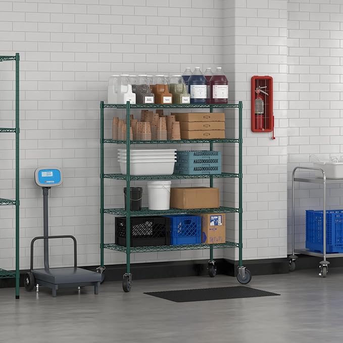 Commercial NSF Listed Green Epoxy Mobile Wire Shelving Kit 21" x 42" x 60", with 5 Shelves Perfect for Warehouse, Walk-in Refrigerator, Freezer, Grocery Store, Restaurant, Dishroom