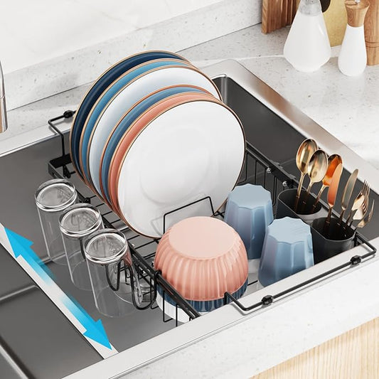 iSPECLE Expandable in Sink Dish Drying Rack with Cup Holder - Rust Resistant Adjustable Over The Sink Dish Drainer with Tightening Knob, Arms with Non Slip Rubber, Fits Sink 12.4"-17.1", Black
