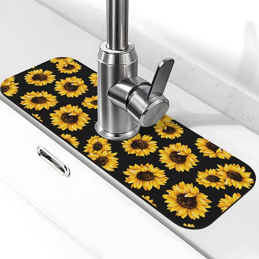 Sunflowers Black Vintage Paingting Kitchen Sink Splash Guard Faucet Mat 1 Pcs, Absorbent Fast Drying Mat Gadgets Splash Guard For Bathroom 15 X 5.5 Inches