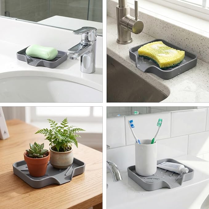 Silicone Bathroom Soap Dishes with Drain Spout Soap Dispenser Tray Sponge Holder Self Draining Kitchen Sink Counter Organizer Caddy for Dispenser Scrubber Bottle Cup(Grey)
