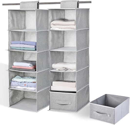 5-Tier Hanging Shelf Closet Organizer with Dividers, Hanging Storage with 2 Removable Drawers, Collapsible Closet and Storage Organization for Clothes, Bags, Dorms, Rooms (2PCS 5-Shelf)