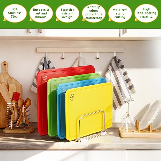 304 Stainless Steel Cutting Board Organizer Rack Cutting Board Holder Stand with Compact 4 Slots Cookie Sheets Organizer for Kitchen Countertop and Cabinet Storage, 1.0 & 1.2 Inch Wide Slots