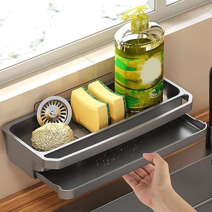 Sink Rack Sponge Organizer | Countertop Kitchen Holder with Auto Drain Tray | Dish Soap Sponge Brush Storage Gear | Durable Water-Draining Sink Rack for Clean and Organized Counters