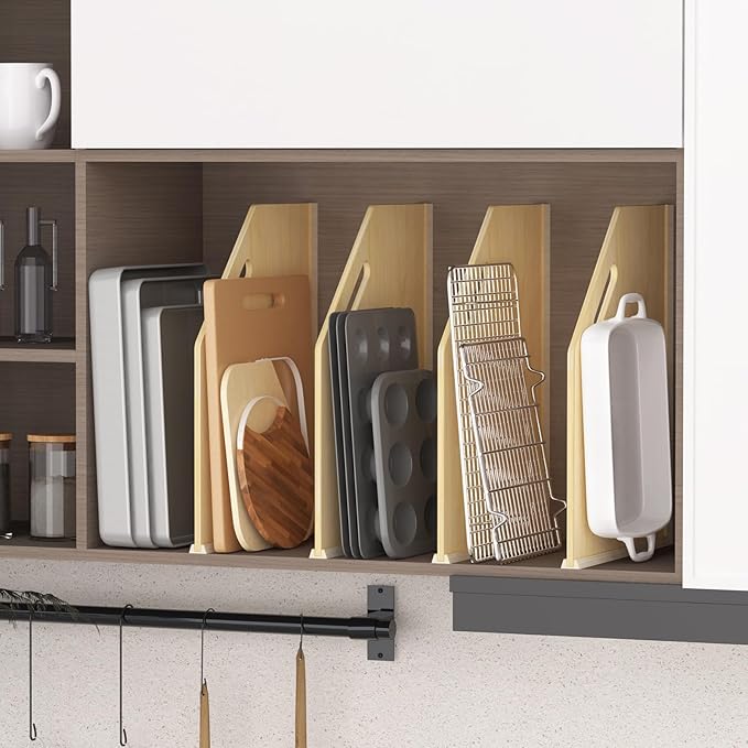 4 Pack Wood Tray Dividers for Cabinet, Cookie Sheet Organizer for Cabinets, No-Cut Kitchen Cabinet Dividers, Cookie Trays for Kitchen, Utility Rooms, Pantry Storage