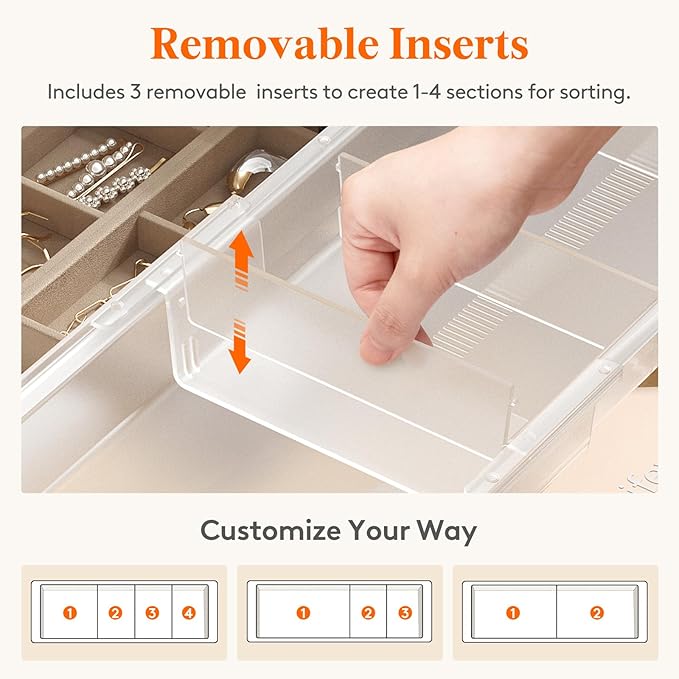Lifewit Sliding Makeup Drawer Organizer, Fits 13-20" Deep Drawers, Extendable Hanging Divider, 1.8" High Plastic Tray for Vanity, Office, Kitchen, Translucent, 2Pcs