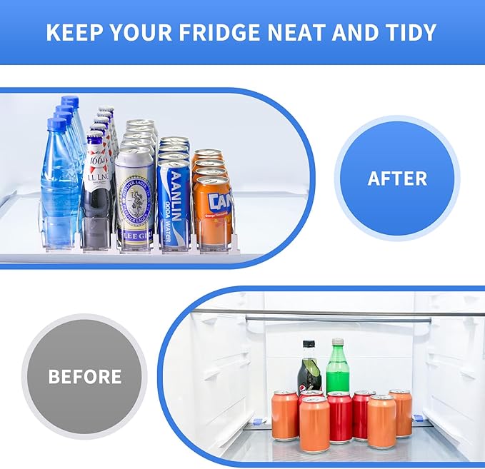Drink Organizer for Fridge，adjustable soda can and bottled beverage dispenser,automatic sliding , soda can organizer，Holds up to 25 Cans，5 Row