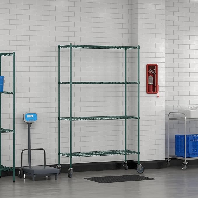Commercial NSF Listed Green Epoxy Mobile Wire Shelving Kit 18" x 48" x 80", with 4 Shelves Perfect for Warehouse, Walk-in Refrigerator, Freezer, Grocery Store, Restaurant, Dishroom