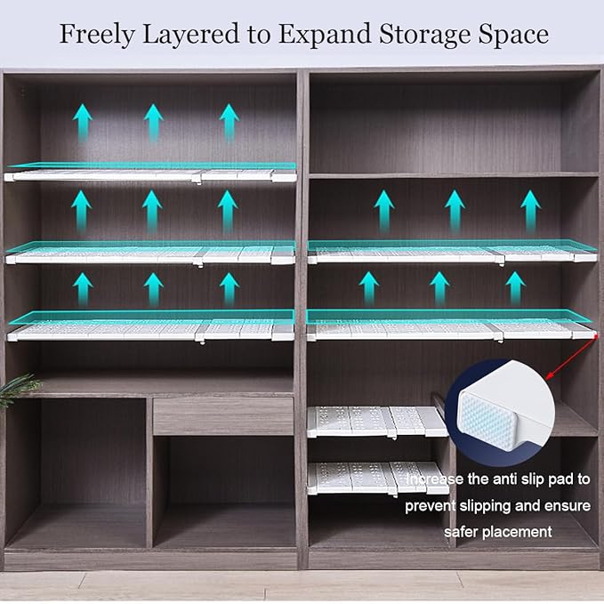 Expandable Closet Shelves Organizers, Heavy Duty Adjustable Wardrobe Tension Shelf Rod DIY Cabinet Holders Storage Rack Divider Separator for Kitchen Bathroom Bedroom Garage